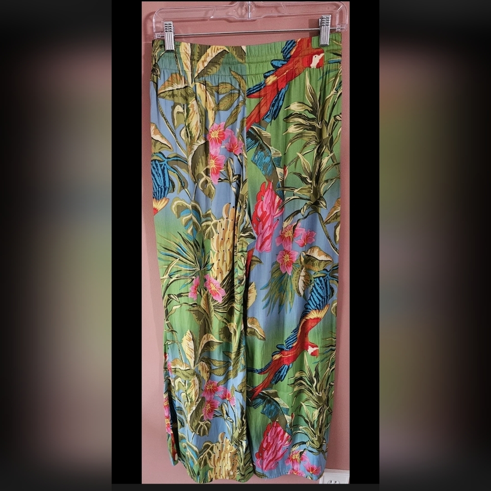 Rachel Roy Floral Colorful Bohemian Wide Leg Stretch Waist Pant Small Beaded Tie